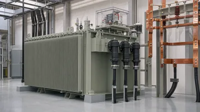 European transformer with corrugated tank and plug-in bushings in an electrical substation