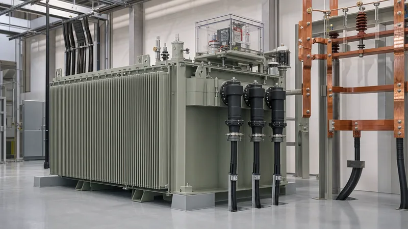 European transformer with corrugated tank and plug-in bushings in an electrical substation