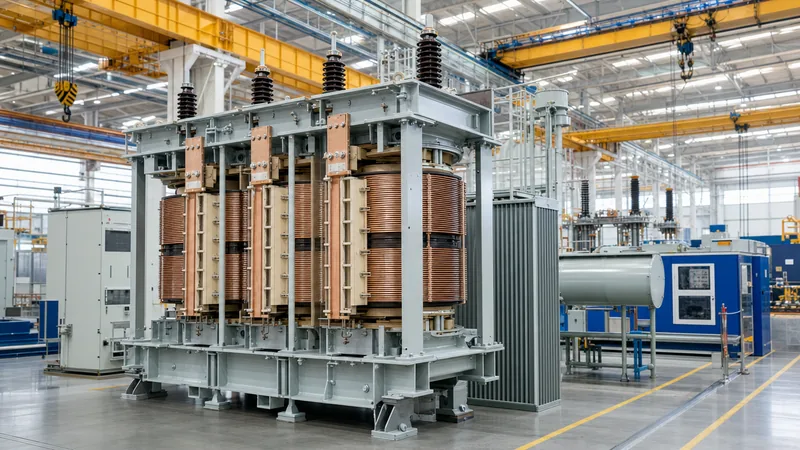 Large industrial Georgia transformer core and winding assembly inside a modern manufacturing plant