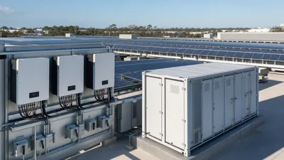 Commercial grid intertie solar electric systems installed with string inverters and energy storage switchgear