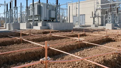 Substation grounding grid mesh installation with bare copper conductors and exothermic welded joints