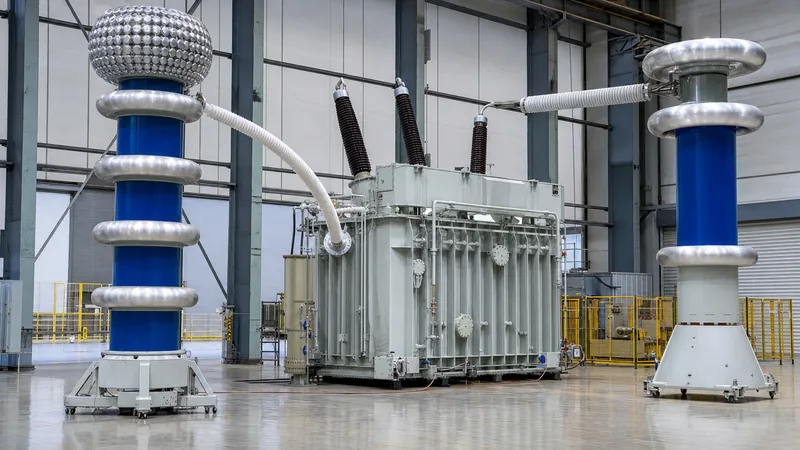 Factory high voltage test bay conducting dielectric withstand testing on a power transformer