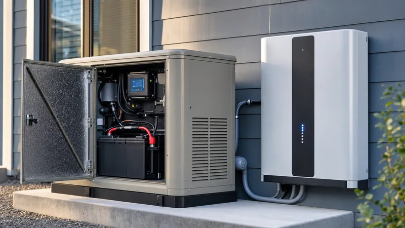 Engine starting home generator battery and adjacent hybrid energy storage system in an outdoor standby installation