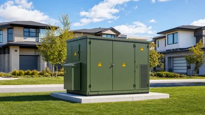 Green pad-mounted house transformer on a concrete foundation in a residential housing development