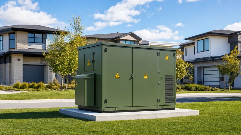 Green pad-mounted house transformer on a concrete foundation in a residential housing development