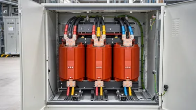 Electrician demonstrating how to hook up a transformer with torque connections and proper cable routing inside an indust