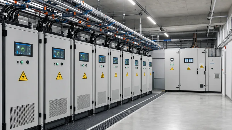 Industrial battery backup system cabinets and power conversion equipment installed in an industrial substation room.