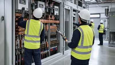 Engineers verifying torque and alignment during an industrial power system installation in a medium-voltage substation