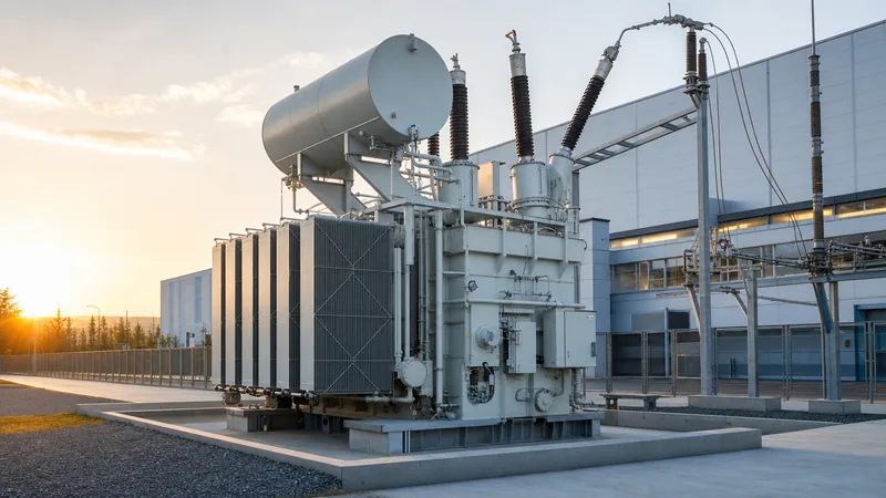 Heavy-duty industrial transformer installed in an outdoor manufacturing plant substation yard