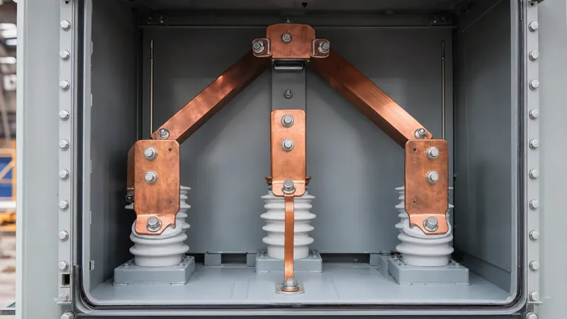 Internal terminal busbars showing connections inside a corner delta transformer with grounded corner terminal