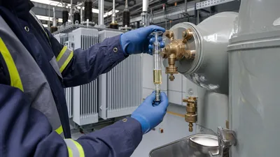 Electrical engineer collecting insulating oil sample from a liquid-immersed power transformer for laboratory testing