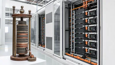 Historical voltaic pile showing the invention of electric battery alongside modern utility battery energy storage module