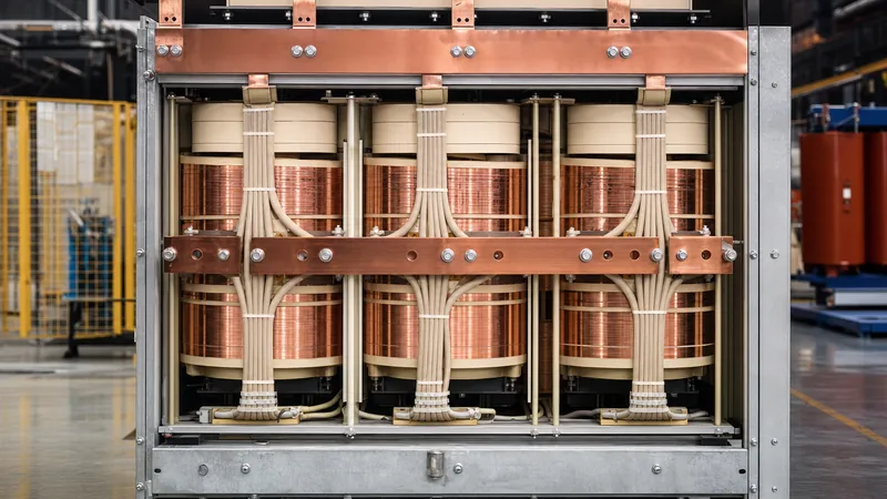Industrial k factor transformer core and coil assembly with oversized neutral busbar for harmonic load management