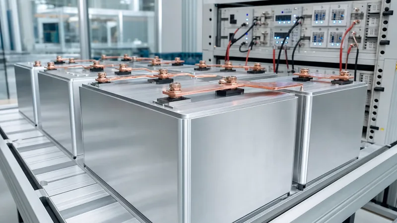 Industrial prismatic LFP battery cells arranged for engineering quality inspection in a testing facility