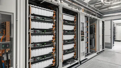 Industrial high voltage li ion battery racks with integrated BMS and liquid cooling manifolds in energy storage containe