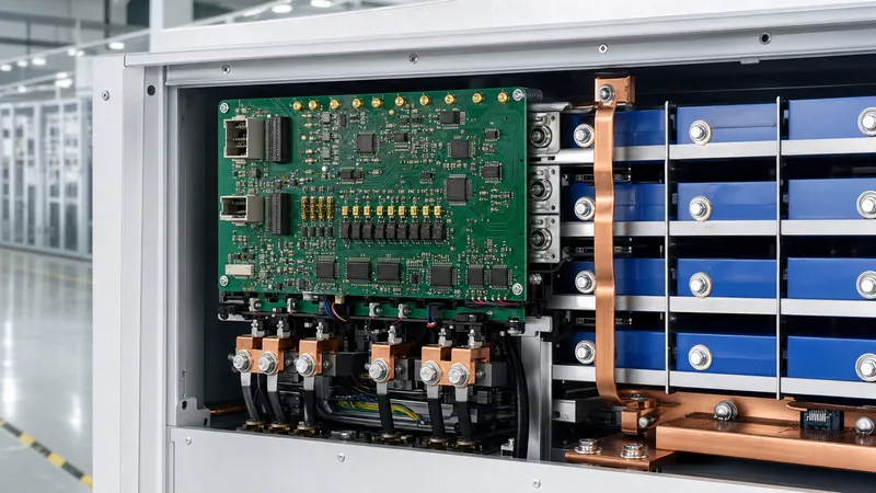 Engineered lifepo4 battery management system circuit board and wiring assembly on industrial battery pack