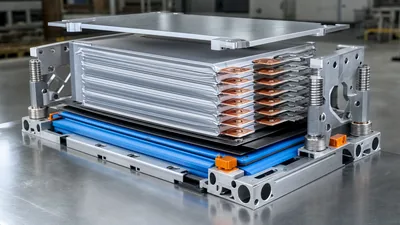 LiFePO4 pouch cells stacked inside an industrial battery module with compression endplates and thermal interface pads