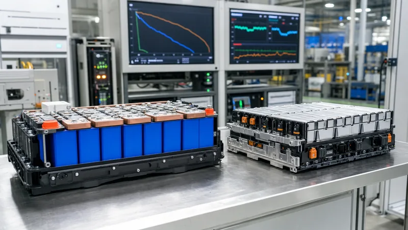 LiFePO4 vs lithium ion battery cells side by side in an industrial testing and energy storage manufacturing facility