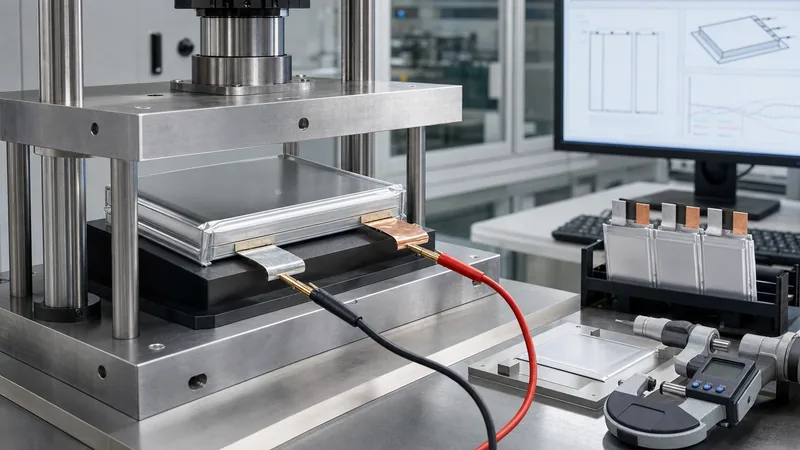 Factory inspection of lipo battery cells mounted in precision module compression fixture