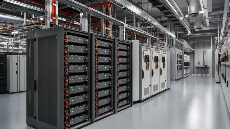 Industrial lithium battery backup system racks in a climate controlled electrical room