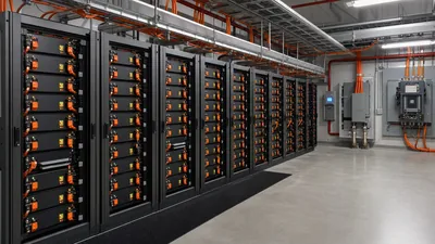 Commercial lithium battery bank racks with LiFePO4 modules in an energy storage substation