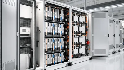 Industrial lithium ion battery rack configuration showing prismatic cells and DC switchgear