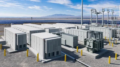 Utility solar farm showing containerised energy storage systems with low lithium ion cost per kwh