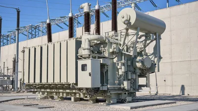 High-voltage power transformer fitted with an on load tap changer in a utility substation.