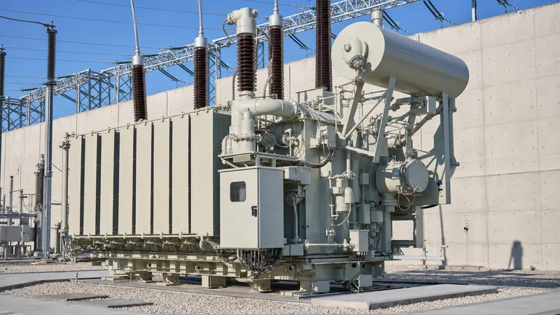 High-voltage power transformer fitted with an on load tap changer in a utility substation.