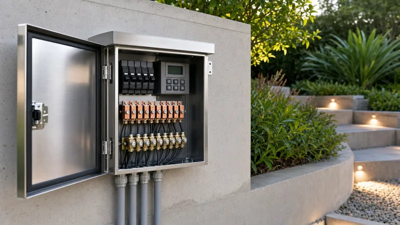 Low voltage landscape lighting transformer in stainless steel enclosure mounted on wall with multi-tap terminals