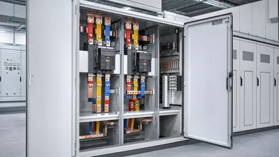 Factory-built modular low voltage panel showing copper busbars and circuit breakers