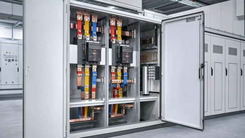 Factory-built modular low voltage panel showing copper busbars and circuit breakers