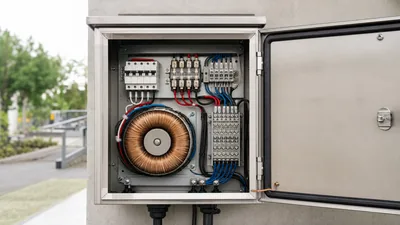 Internal view of a heavy-duty low voltage transformer for led lights with copper windings and secondary terminal blocks