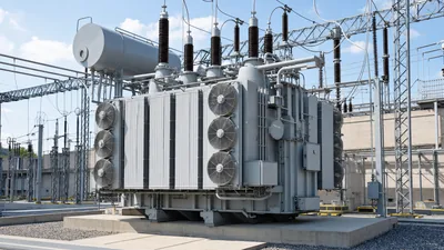 High-voltage substation main transformer with radiator cooling banks and bushings in an outdoor electrical yard