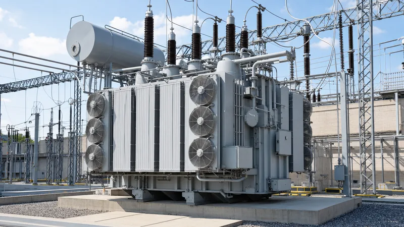 High-voltage substation main transformer with radiator cooling banks and bushings in an outdoor electrical yard
