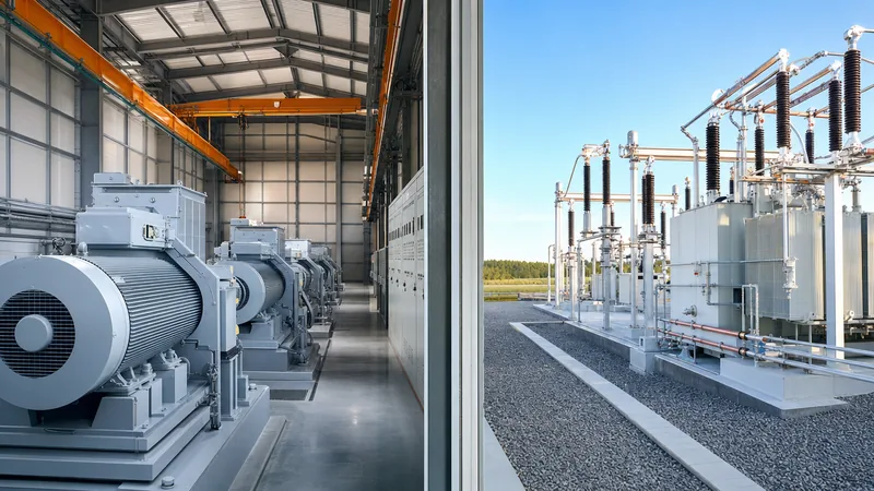 Industrial facility for mechanical storage of energy featuring heavy drive motors, switchgear, and step-up transformers