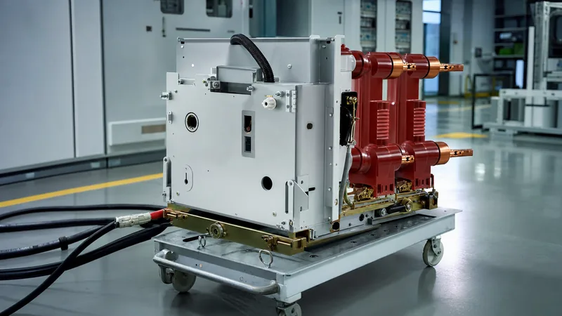 Medium voltage breaker draw-out cassette with vacuum interrupters in switchgear testing bay