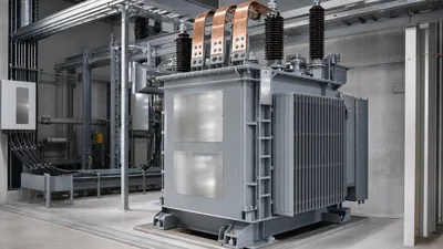 Three-phase medium voltage transformer installed in an industrial substation