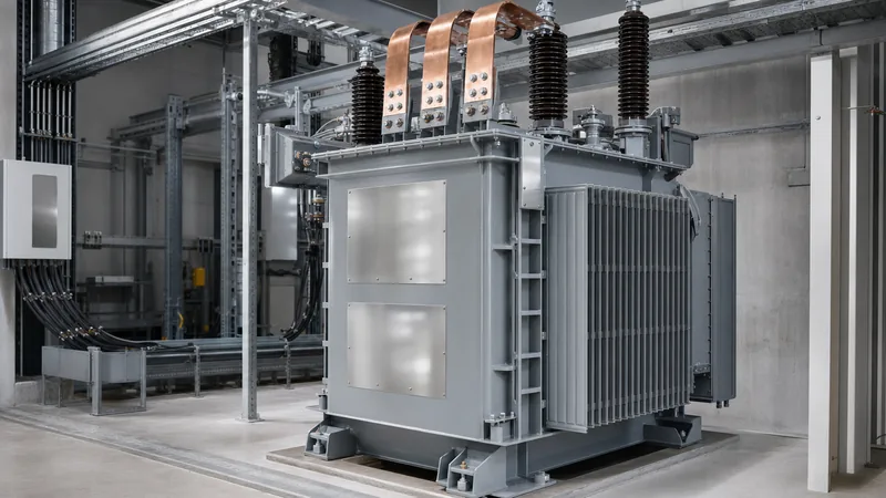 Three-phase medium voltage transformer installed in an industrial substation