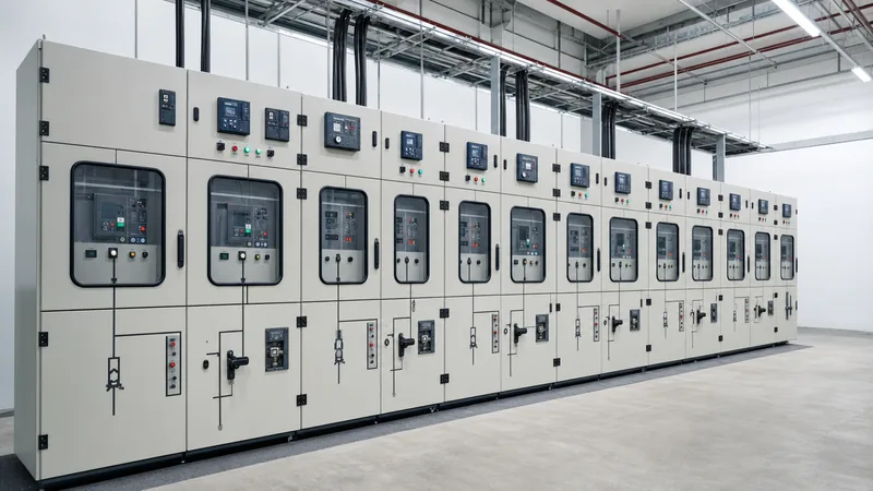 Industrial indoor metal enclosed switchgear lineup with digital protection relays and mimic diagrams
