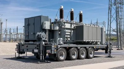 Heavy-duty road-compliant mobile transformer installed on a specialised multi-axle trailer at an electrical substation
