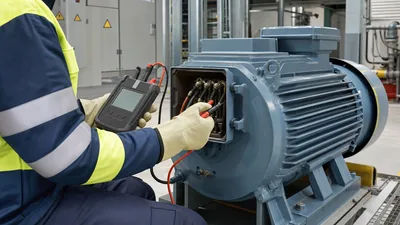 Electrical engineer conducting a motor insulation test on an industrial medium-voltage electric motor