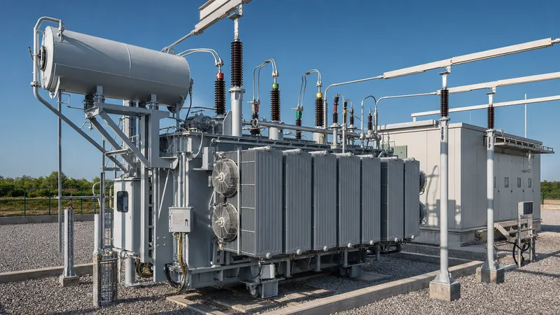 MVA to kVA calculator guide showing high-voltage substation transformer and switchgear buswork