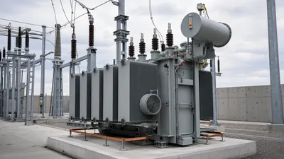 Heavy-duty outdoor oil filled transformer with radiator cooling fins and high voltage bushings in an electrical substati