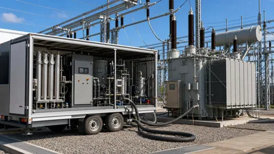 Industrial mobile oil regeneration services unit connected to a high voltage substation transformer