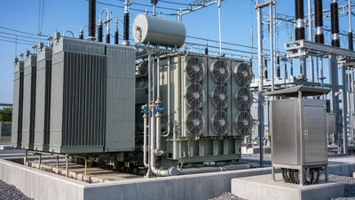 ONAF transformer cooling oil natural air forced radiator bank and fans installed on a substation power transformer