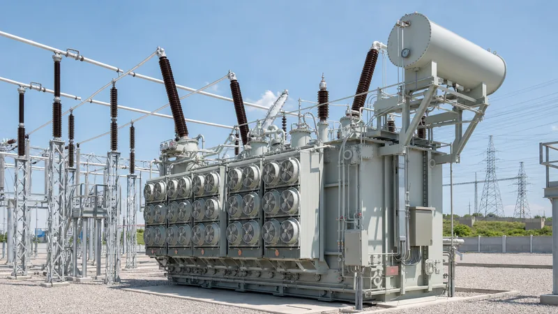 Large 400 kV phase shifting transformer installed in a high-voltage utility substation