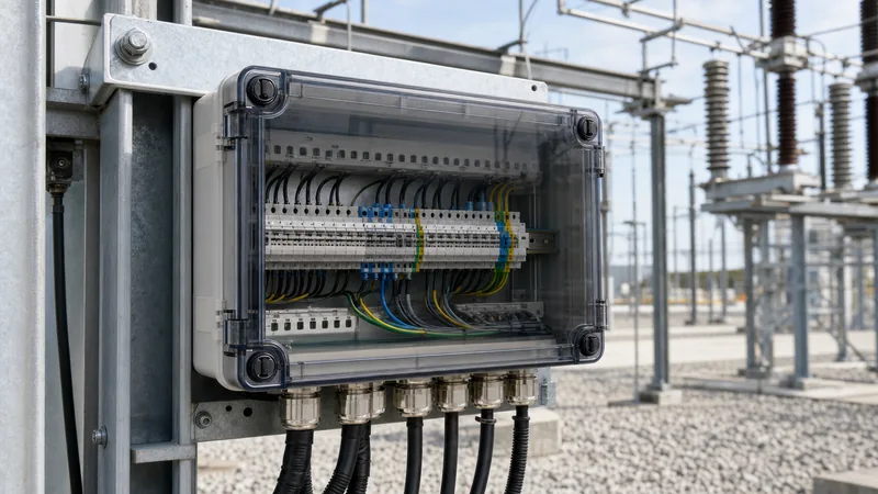 Industrial polycarbonate plastic electrical junction box with IP67 seal installed in an outdoor substation