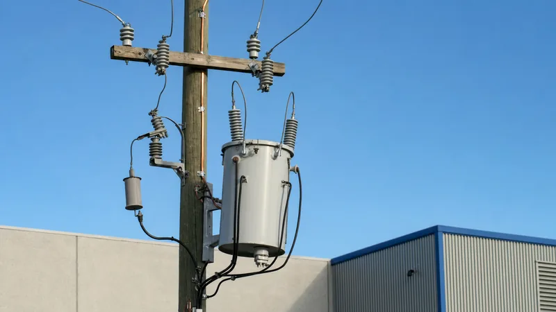 Pole transformer diagram layout showing overhead distribution transformer bushings, cutout fuse, and grounding.