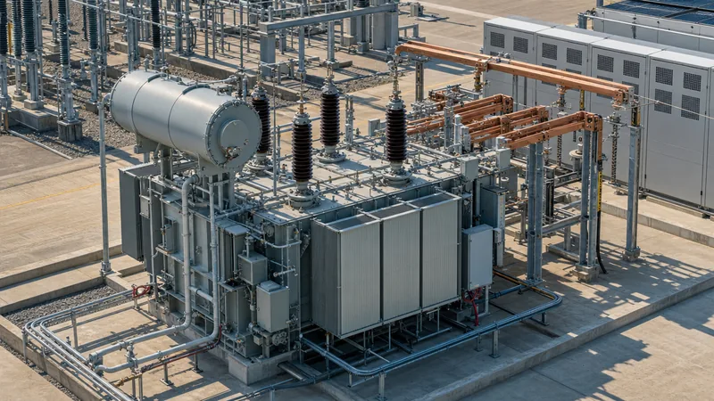 Industrial power conversion transformer with bushings and cooling radiators in a grid substation